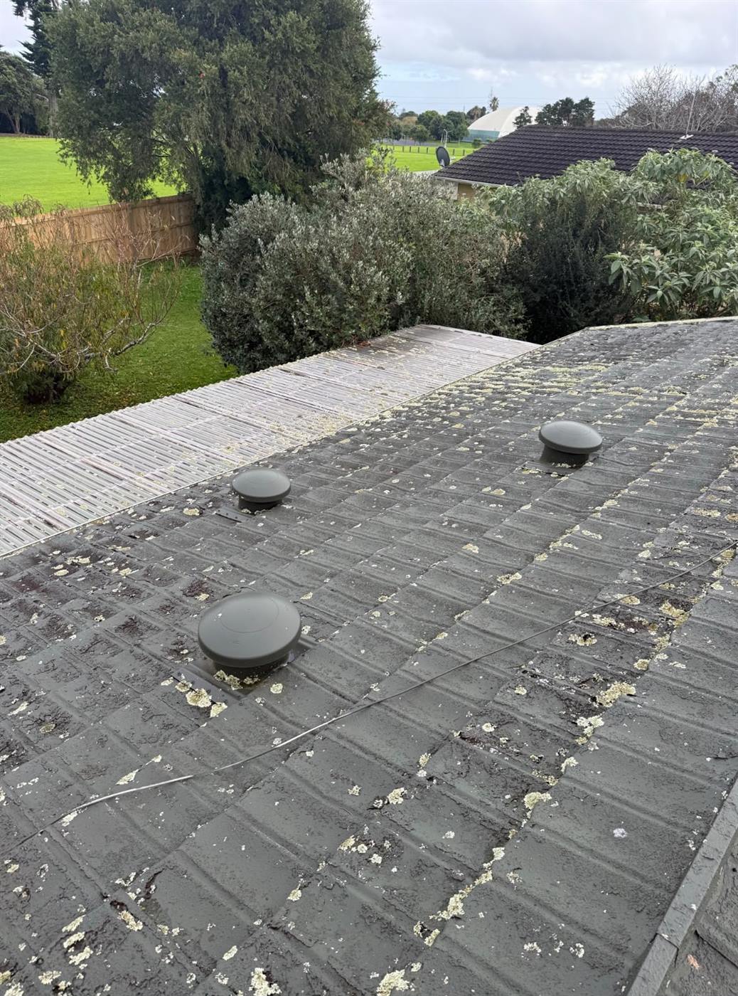 The old decramastic roof with two round roof vents and heavy lichen